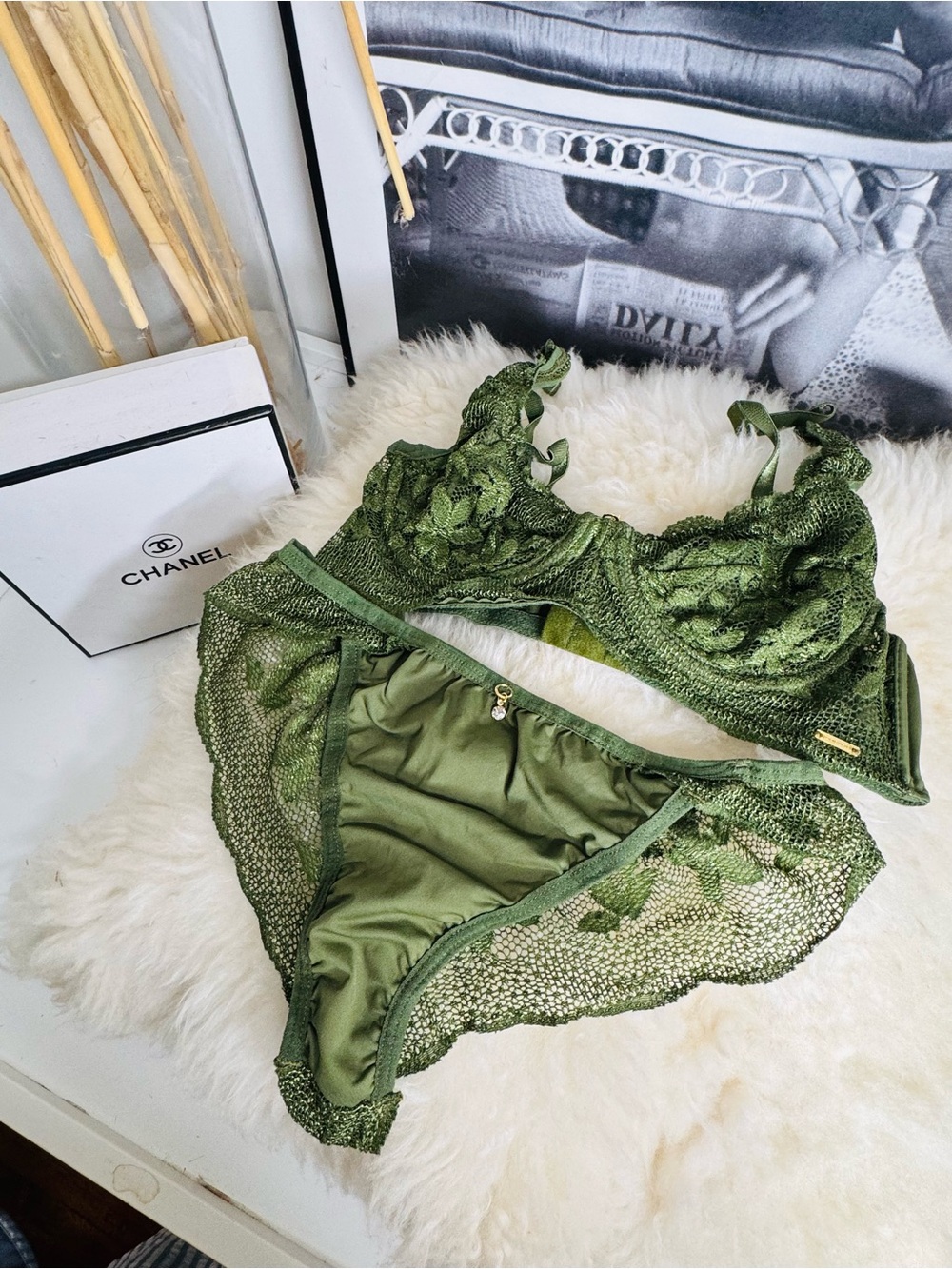 CHANEL Olive Lace Balconette Bra and Matching Briefs